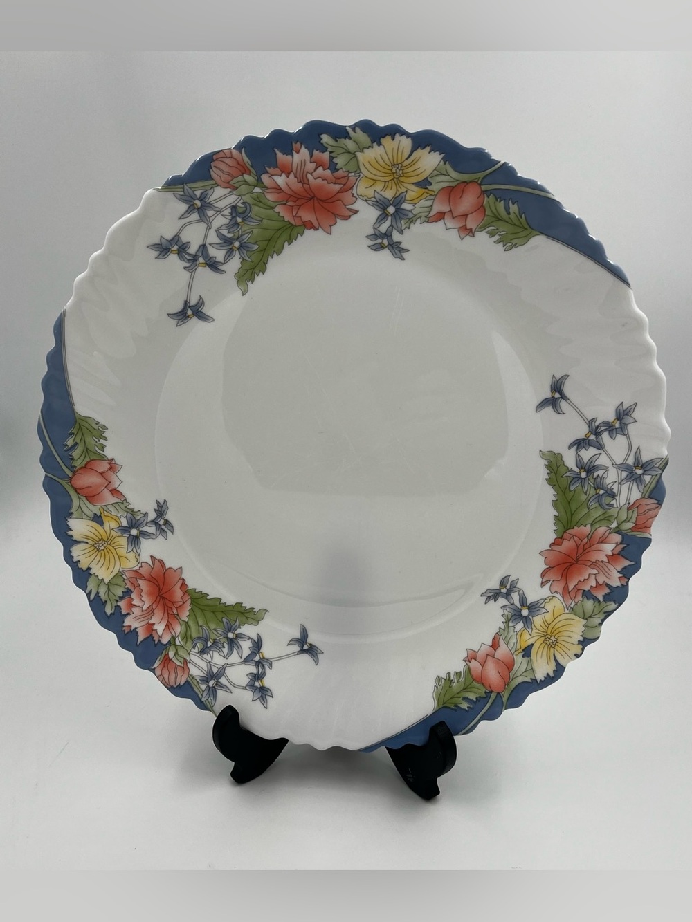 Arcopal Florine Milk Glass Floral Scalloped Serving Plate 12 in France Vintage